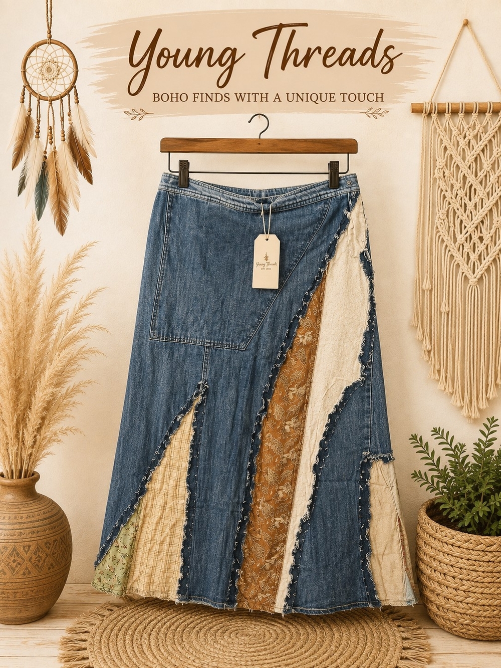 208 Boho Blue Patchwork Denim Maxi Skirt with Cream & Tan Insets